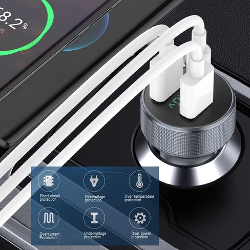شاحن سيارة USB C 72 واط، 3 منافذ 12 فولت شاحن USB مزدوج QC3.0 و36 واط PD معدني صغير سريع محول شاحن سيارة مع الفولتميتر LED للمركبات 12 فولت ~ 24 فولت (فضي) in Kuwait