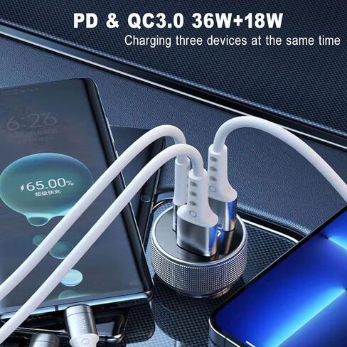 شاحن سيارة USB C 72 واط، 3 منافذ 12 فولت شاحن USB مزدوج QC3.0 و36 واط PD معدني صغير سريع محول شاحن سيارة مع الفولتميتر LED للمركبات 12 فولت ~ 24 فولت (فضي) in Kuwait