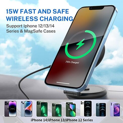 حامل شاحن سيارة لاسلكي مغناطيسي قابل للطي من ميهيدي، حامل جوال مغناطيسي سريع الشحن بقدرة 15 واط لسيارة تيسلا موديل 3/X/Y/S، متوافق مع حافظة ماج سيف وايفون 12/13/14 برو ماكس ميني، دوران 360 درجة in Kuwait