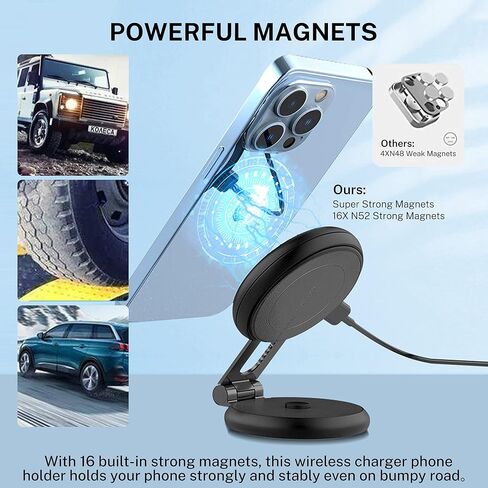 حامل شاحن سيارة لاسلكي مغناطيسي قابل للطي من ميهيدي، حامل جوال مغناطيسي سريع الشحن بقدرة 15 واط لسيارة تيسلا موديل 3/X/Y/S، متوافق مع حافظة ماج سيف وايفون 12/13/14 برو ماكس ميني، دوران 360 درجة in Kuwait