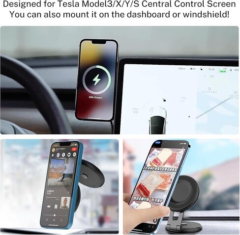 حامل شاحن سيارة لاسلكي مغناطيسي قابل للطي من ميهيدي، حامل جوال مغناطيسي سريع الشحن بقدرة 15 واط لسيارة تيسلا موديل 3/X/Y/S، متوافق مع حافظة ماج سيف وايفون 12/13/14 برو ماكس ميني، دوران 360 درجة in Kuwait