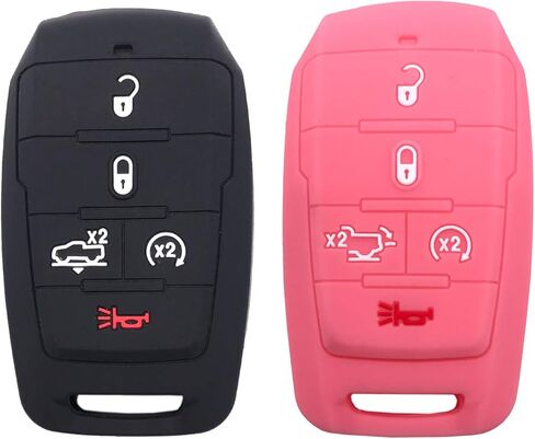 غطاء حماية لمفتاح السيارة من السيليكون مناسب لملحقات 2021 2020 2019 Ram 1500 5 أزرار للدخول بدون مفتاح وجهاز التحكم عن بعد لمفتاح السيارة وحامل سترة الجلد (أسود 2 حزمة) in Kuwait