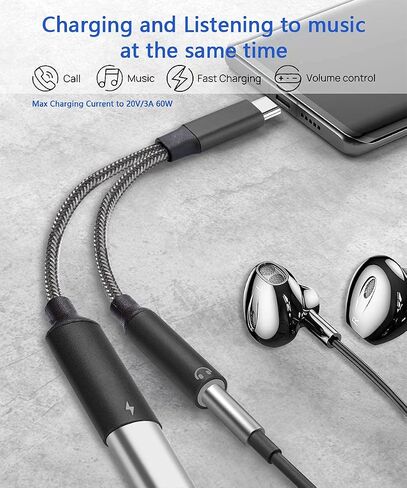 محول صوت USB C إلى 3.5 ملم مع شاحن، محول سماعة رأس USB 2 في 1 مع دونجل شحن PD 60 وات متوافق مع Galaxy S23 Ultra/S23/S22/S22+/S21/S20FE/A53/Note 10+، Google Pixel 7/6Pro/ 5/4XL/3 in Saudi Arabia