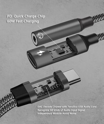 محول صوت USB C إلى 3.5 ملم مع شاحن، محول سماعة رأس USB 2 في 1 مع دونجل شحن PD 60 وات متوافق مع Galaxy S23 Ultra/S23/S22/S22+/S21/S20FE/A53/Note 10+، Google Pixel 7/6Pro/ 5/4XL/3 in Saudi Arabia
