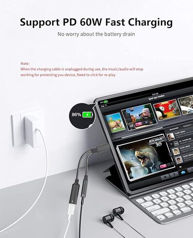 محول صوت USB C إلى 3.5 ملم مع شاحن، محول سماعة رأس USB 2 في 1 مع دونجل شحن PD 60 وات متوافق مع Galaxy S23 Ultra/S23/S22/S22+/S21/S20FE/A53/Note 10+، Google Pixel 7/6Pro/ 5/4XL/3 in Saudi Arabia