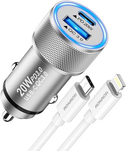 iPhone Car Charger[Apple MFi Certified], YEONPHOM Fast Car Charger for iPhone 14 13 12 Pro Max/Mini/11/XR/XS MAX/X,PD 20W&QC3.0 Dual Port USB C Car Phone Charger Adapter with Type C to Lightning Cable in Kuwait