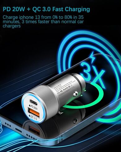 iPhone Car Charger[Apple MFi Certified], YEONPHOM Fast Car Charger for iPhone 14 13 12 Pro Max/Mini/11/XR/XS MAX/X,PD 20W&QC3.0 Dual Port USB C Car Phone Charger Adapter with Type C to Lightning Cable in Kuwait