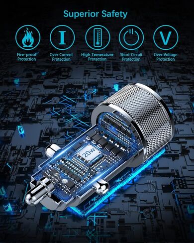 iPhone Car Charger[Apple MFi Certified], YEONPHOM Fast Car Charger for iPhone 14 13 12 Pro Max/Mini/11/XR/XS MAX/X,PD 20W&QC3.0 Dual Port USB C Car Phone Charger Adapter with Type C to Lightning Cable in Kuwait