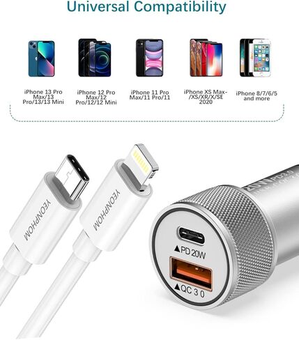iPhone Car Charger[Apple MFi Certified], YEONPHOM Fast Car Charger for iPhone 14 13 12 Pro Max/Mini/11/XR/XS MAX/X,PD 20W&QC3.0 Dual Port USB C Car Phone Charger Adapter with Type C to Lightning Cable in Kuwait