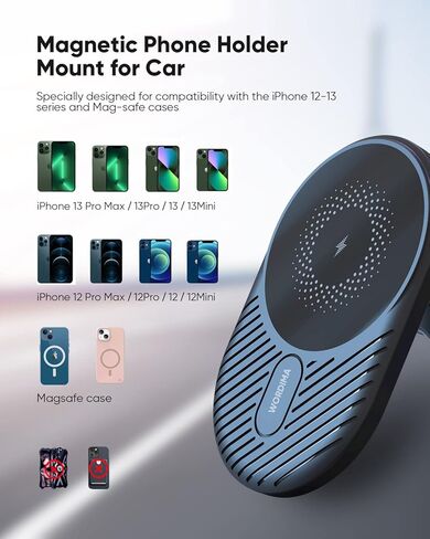 شاحن سيارة لاسلكي مغناطيسي، شحن سريع بحد أقصى 15 واط من WORDIMA، متوافق مع شاحن السيارة MagSafe، حامل فتحة تهوية متوافق مع هواتف iPhone 13/12 Series والحافظات المغناطيسية in Kuwait