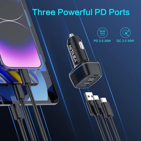 شاحن سيارة USB C، شاحن سيارة iPhone NITASA 90W 3 منافذ PD + شحن سريع 3.0(PPS) LED نوع C محول شحن سريع لهاتف iPhone 14/14 Pro/13/15 Pro Max، iPad، Samsung S22/S23، Google Pixel 7 6 /8 برو موتو in Kuwait