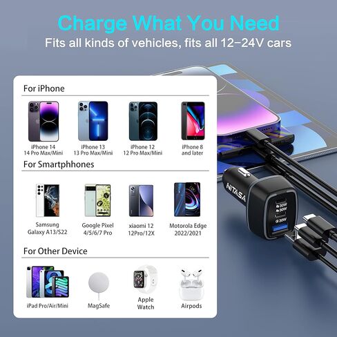 شاحن سيارة USB C، شاحن سيارة iPhone NITASA 90W 3 منافذ PD + شحن سريع 3.0(PPS) LED نوع C محول شحن سريع لهاتف iPhone 14/14 Pro/13/15 Pro Max، iPad، Samsung S22/S23، Google Pixel 7 6 /8 برو موتو in Kuwait