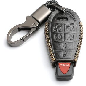 WFMJ Leather for Chrysler Town and Country Dodge Grand Caravan Remote Smart 7 Buttons Key Case Holder Cover Fob Chain (Red)