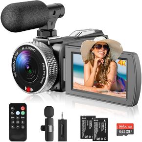 4K Camcorder, 48MP 60FPS Vlogging Camera with Wireless Microphone for YouTube, Ultra HD 3 Inch Flip Screen 18X Digital Zoom Video Recorder Camera with 64GB SD Card,Remote Control and 2 Batteries in Kuwait