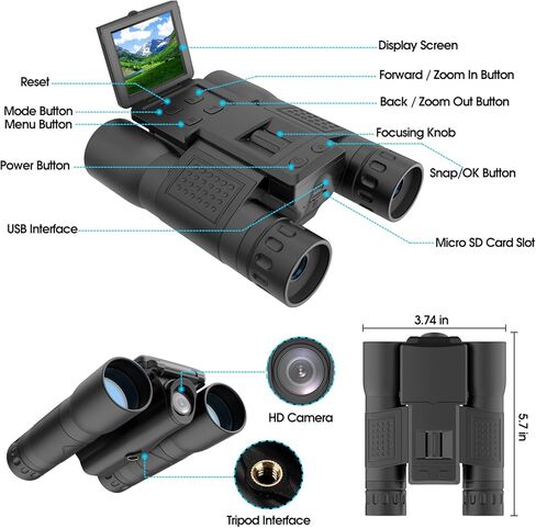 مناظير 12×32 للبالغين من زد زد ستار، مناظير مع كاميرا، شاشة ال تي بي اس 2 انش ومسجل صور فيديو 5MP 1080P مع بطاقة مايكرو SD 32GB، مناظير عالية الطاقة لمشاهدة الطيور والسفر والصيد، اسود in Kuwait