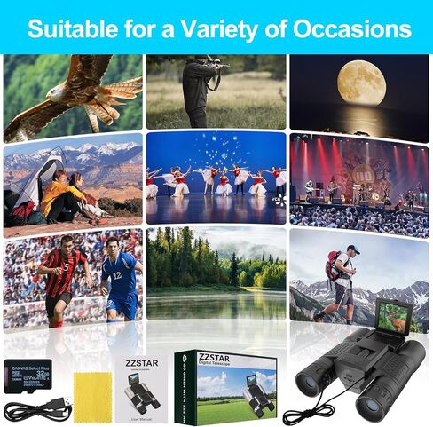 مناظير 12×32 للبالغين من زد زد ستار، مناظير مع كاميرا، شاشة ال تي بي اس 2 انش ومسجل صور فيديو 5MP 1080P مع بطاقة مايكرو SD 32GB، مناظير عالية الطاقة لمشاهدة الطيور والسفر والصيد، اسود in Kuwait