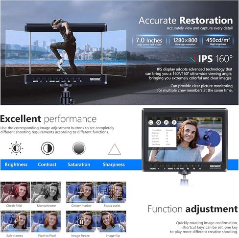 نيوير F100 7 انش 1280x800 IPS شاشة مراقبة ميدانية: تدعم الإدخال مع بطارية ليثيوم ايون قابلة لاعادة الشحن 2600mAh، شاحن بطارية USB لكاميرا DSLR / كاميرا الفيديو in Kuwait