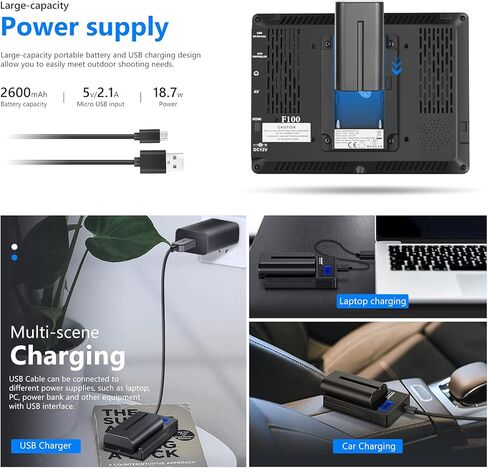 نيوير F100 7 انش 1280x800 IPS شاشة مراقبة ميدانية: تدعم الإدخال مع بطارية ليثيوم ايون قابلة لاعادة الشحن 2600mAh، شاحن بطارية USB لكاميرا DSLR / كاميرا الفيديو in Kuwait