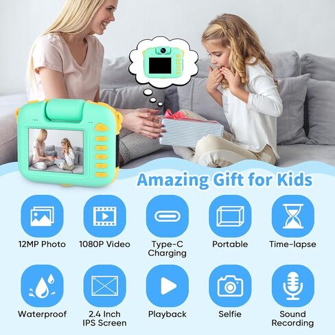 كاميرا أطفال 1080 بكسل، كاميرا مقاومة للماء للأطفال تحت الماء، هدايا كاميرا رقمية للأطفال للأولاد والبنات من سن 3 إلى 13 عامًا، كاميرا فيديو صغيرة عالية الدقة للأطفال بشاشة IPS 2.4 بوصة مع بطاقة 32 جيجابايت وغطاء سيليكون ناعم in Kuwait