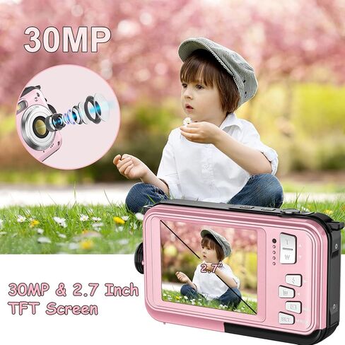 كاميرا تحت الماء بوينت اند شوت مقاومة للماء مع بطاقة 32 جيجا بايت 10FT 30MP 1080P FHD فيديو مدمج محمول 16X تكبير كاميرا رقمية مقاومة للماء للأطفال، وردي in Kuwait