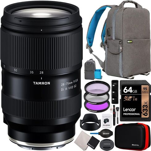 Tamron 28-75mm F/2.8 Di III VXD G2 Lens for Sony E-Mount Full Frame Mirrorless Cameras Model A063 Bundle with Deco Gear Photography Backpack + UV Polarizer FLD Filter Kit + 64GB Card and Accessories in Saudi Arabia