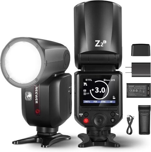 NEEWER Z2-C 2.4G TTL Round Head Flash Speedlite لـ Canon، واجهة مستخدم مطورة، 2 مصابيح نمذجة قابلة للتعديل، مفتاح TTL/M سريع التبديل TCM، 76Ws Speedlight 1/8000s HSS 7.4V/2600mAh بطارية 480 فلاش طاقة كاملة in Kuwait