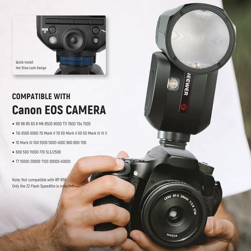 NEEWER Z2-C 2.4G TTL Round Head Flash Speedlite لـ Canon، واجهة مستخدم مطورة، 2 مصابيح نمذجة قابلة للتعديل، مفتاح TTL/M سريع التبديل TCM، 76Ws Speedlight 1/8000s HSS 7.4V/2600mAh بطارية 480 فلاش طاقة كاملة in Kuwait