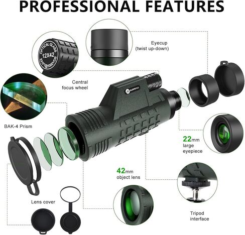 تلسكوب أحادي العين للبالغين عالي الطاقة، أحادي النجوم لمحول الهاتف الذكي مع حامل ثلاثي القوائم، منظار أحادي محمول عالي الدقة 12 × 42 لمشاهدة الطيور والسفر والتخييم والمشي لمسافات طويلة in Kuwait