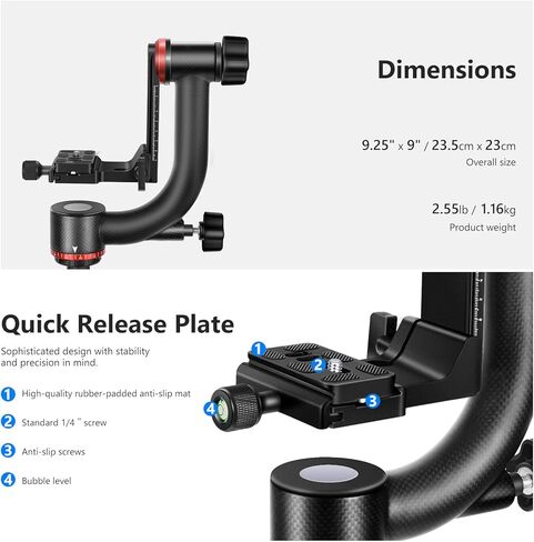 نيوير راس ثلاثي القوائم احترافي شديد التحمل من الياف الكربون GM100 مع لوحة سريعة الفك 1/4 انش، هيكل محمل يدعم تصوير بانورامي اكثر سلاسة 360 درجة لكاميرا دي اس ال ار حتى 30 باوند/13.6 كغم in Kuwait