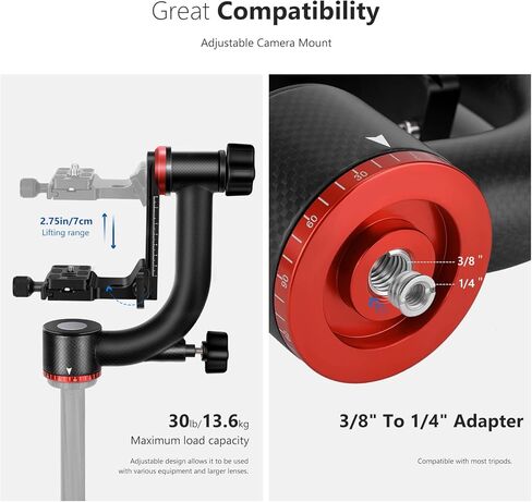 نيوير راس ثلاثي القوائم احترافي شديد التحمل من الياف الكربون GM100 مع لوحة سريعة الفك 1/4 انش، هيكل محمل يدعم تصوير بانورامي اكثر سلاسة 360 درجة لكاميرا دي اس ال ار حتى 30 باوند/13.6 كغم in Kuwait