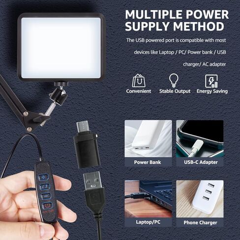 حامل هاتف علوي مع ضوء فيديو LED مقاس 8 بوصات، حامل ذراع هاتف مفصلي من NiceVeedi مع ضوء مؤتمر فيديو قابل للتعتيم 2800K-6500K، حامل ثلاثي القوائم بجانب السرير للمكتب/السرير لتسجيل الفيديو المباشر ومكالمة تكبير in Kuwait