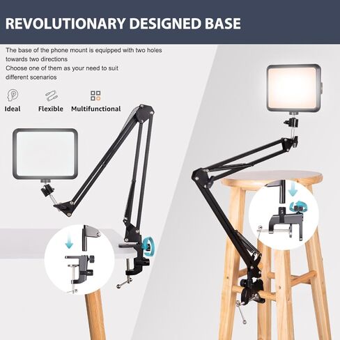حامل هاتف علوي مع ضوء فيديو LED مقاس 8 بوصات، حامل ذراع هاتف مفصلي من NiceVeedi مع ضوء مؤتمر فيديو قابل للتعتيم 2800K-6500K، حامل ثلاثي القوائم بجانب السرير للمكتب/السرير لتسجيل الفيديو المباشر ومكالمة تكبير in Kuwait