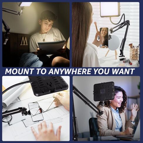 حامل هاتف علوي مع ضوء فيديو LED مقاس 8 بوصات، حامل ذراع هاتف مفصلي من NiceVeedi مع ضوء مؤتمر فيديو قابل للتعتيم 2800K-6500K، حامل ثلاثي القوائم بجانب السرير للمكتب/السرير لتسجيل الفيديو المباشر ومكالمة تكبير in Kuwait