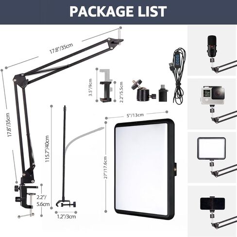 حامل هاتف علوي مع ضوء فيديو LED مقاس 8 بوصات، حامل ذراع هاتف مفصلي من NiceVeedi مع ضوء مؤتمر فيديو قابل للتعتيم 2800K-6500K، حامل ثلاثي القوائم بجانب السرير للمكتب/السرير لتسجيل الفيديو المباشر ومكالمة تكبير in Kuwait