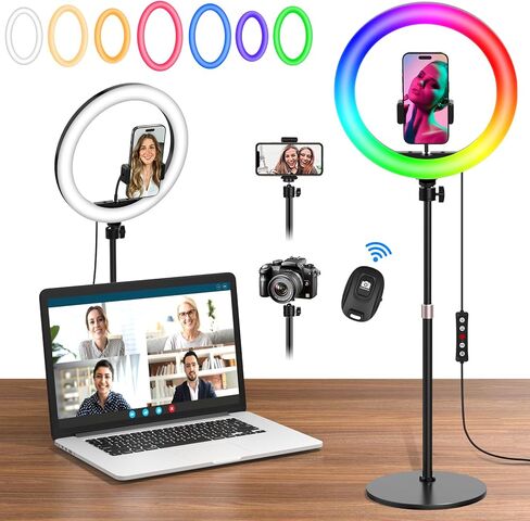 10.3" Selfie Ring Light with Stand and Phone Holder, Desk Tripod, 29 RGB Lighting Modes, Remote for iPhone &Android Camera. LED Halo Light for Photo, Video Recording, TikTok. Circle Ringlight Dimmable in Kuwait