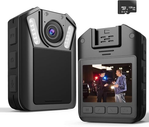 كاميرا الجسم maigevi 128G - كاميرا الجسم Police Body Cam 2K مع تسجيل الصوت والفيديو، كاميرا يتم ارتداؤها على الجسم لمدة 12 ساعة، كاميرا يمكن ارتداؤها لإنفاذ القانون، المنزل، الرياضة، الأمن، العمل in Kuwait