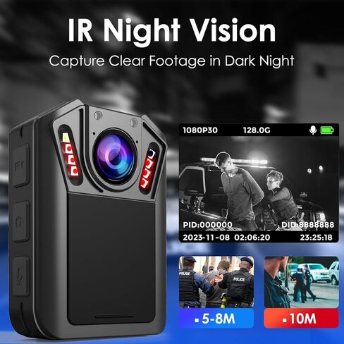 كاميرا الجسم maigevi 128G - كاميرا الجسم Police Body Cam 2K مع تسجيل الصوت والفيديو، كاميرا يتم ارتداؤها على الجسم لمدة 12 ساعة، كاميرا يمكن ارتداؤها لإنفاذ القانون، المنزل، الرياضة، الأمن، العمل in Kuwait