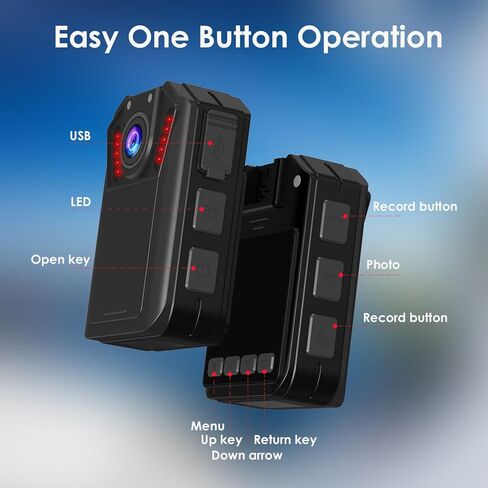 كاميرا الجسم maigevi 128G - كاميرا الجسم Police Body Cam 2K مع تسجيل الصوت والفيديو، كاميرا يتم ارتداؤها على الجسم لمدة 12 ساعة، كاميرا يمكن ارتداؤها لإنفاذ القانون، المنزل، الرياضة، الأمن، العمل in Kuwait