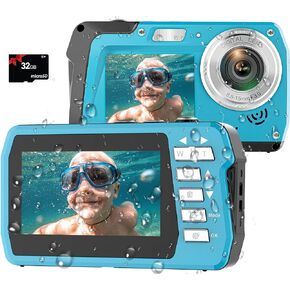 4K Underwater Camera with 32GB Card 11FT Waterproof Camera 48MP Autofocus IPS Dual-Screen(3"/2") Selfie Underwater Cameras for Snorkeling, Digital Camera 1500mAh Battery Cover Easy to Open(Blue) in Kuwait