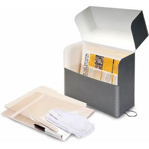Lineco, Archival Document Storage Box with Metal Edge, Acid-Free Gray Boxboard, Organize Files, Prints, Photos, Letter-Sized Document Case 12.5" x 10.5" x 5" Wide with 12 Folders, Pack of 2