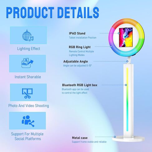 كشك صور iPad لجهاز Ipad مقاس 10.2 بوصة و10.9 بوصة و12.9 بوصة، كشك صور محمول مع مزامنة موسيقى RGB، تطبيق برمجي، جهاز تحكم عن بعد، ضوء حلقي، كشك صور سيلفي مع حقيبة طيران بيضاء in Kuwait