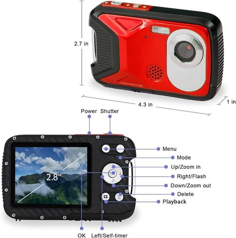 كاميرا تحت الماء 17FT كاميرا رقمية مقاومة للماء 21MP كاميرات رقمية للتصوير الفوتوغرافي Full HD 1080P كاميرا فيديو كاميرا مقاومة للماء للأطفال الطلاب المراهقين المبتدئين (أحمر) in Kuwait