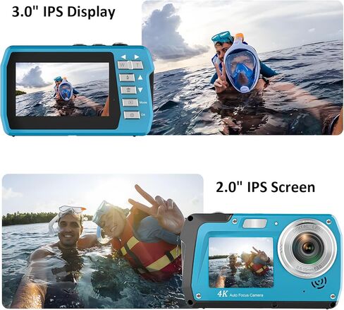 4K Underwater Camera with 32GB Card 11FT Waterproof Camera 48MP Autofocus IPS Dual-Screen(3"/2") Selfie Underwater Cameras for Snorkeling, Digital Camera 1500mAh Battery Cover Easy to Open(Blue) in Kuwait