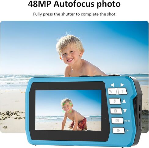 4K Underwater Camera with 32GB Card 11FT Waterproof Camera 48MP Autofocus IPS Dual-Screen(3"/2") Selfie Underwater Cameras for Snorkeling, Digital Camera 1500mAh Battery Cover Easy to Open(Blue) in Kuwait