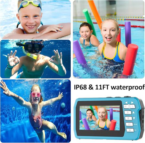 4K Underwater Camera with 32GB Card 11FT Waterproof Camera 48MP Autofocus IPS Dual-Screen(3"/2") Selfie Underwater Cameras for Snorkeling, Digital Camera 1500mAh Battery Cover Easy to Open(Blue) in Kuwait