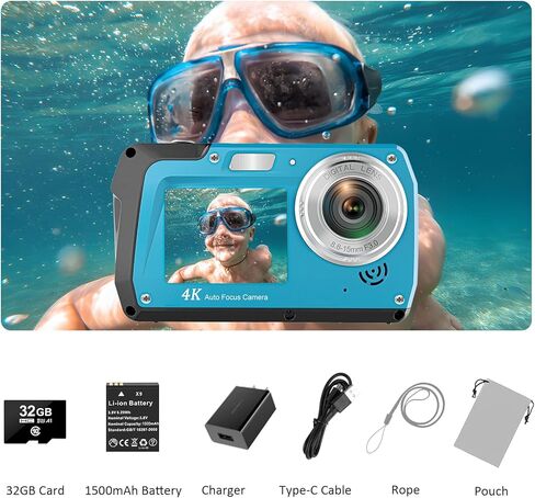 4K Underwater Camera with 32GB Card 11FT Waterproof Camera 48MP Autofocus IPS Dual-Screen(3"/2") Selfie Underwater Cameras for Snorkeling, Digital Camera 1500mAh Battery Cover Easy to Open(Blue) in Kuwait
