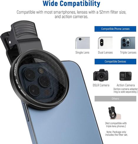 NEEWER 52mm Lens Filter Kit with Phone Lens Clip, CPL, ND32, 6 Point Star Filter, Graduated Filters (4 Colors), Compatible with iPhone 15 14 Pro Max 13 12 11 & Canon Nikon Sony Cameras in Saudi Arabia