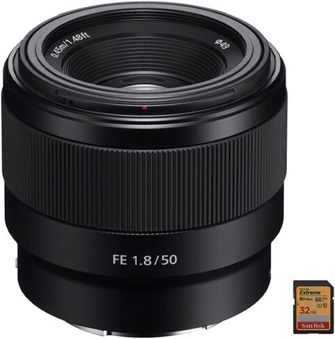 Sony FE 50mm F1.8 Full-Frame E-Mount Lens Bundle with Sandisk 32GB Extreme SD Memory UHS-I Card in Saudi Arabia