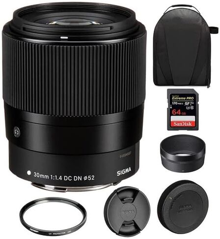 Sigma 30mm f/1.4 DC DN Contemporary Lens for Canon EF-M | EF-M-Mount Lens/APS-C Format, Rounded 9-Blade Diaphragm, Tiffen 52mm UV Protector Filter, 64GB Extreme PRO Memory Card, and Waith Camera Bag in Saudi Arabia