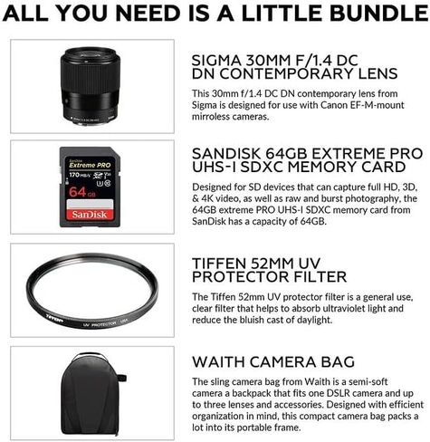 Sigma 30mm f/1.4 DC DN Contemporary Lens for Canon EF-M | EF-M-Mount Lens/APS-C Format, Rounded 9-Blade Diaphragm, Tiffen 52mm UV Protector Filter, 64GB Extreme PRO Memory Card, and Waith Camera Bag in Saudi Arabia